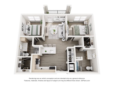 Floor plan for 2 beds, 2 baths, 942 sqft